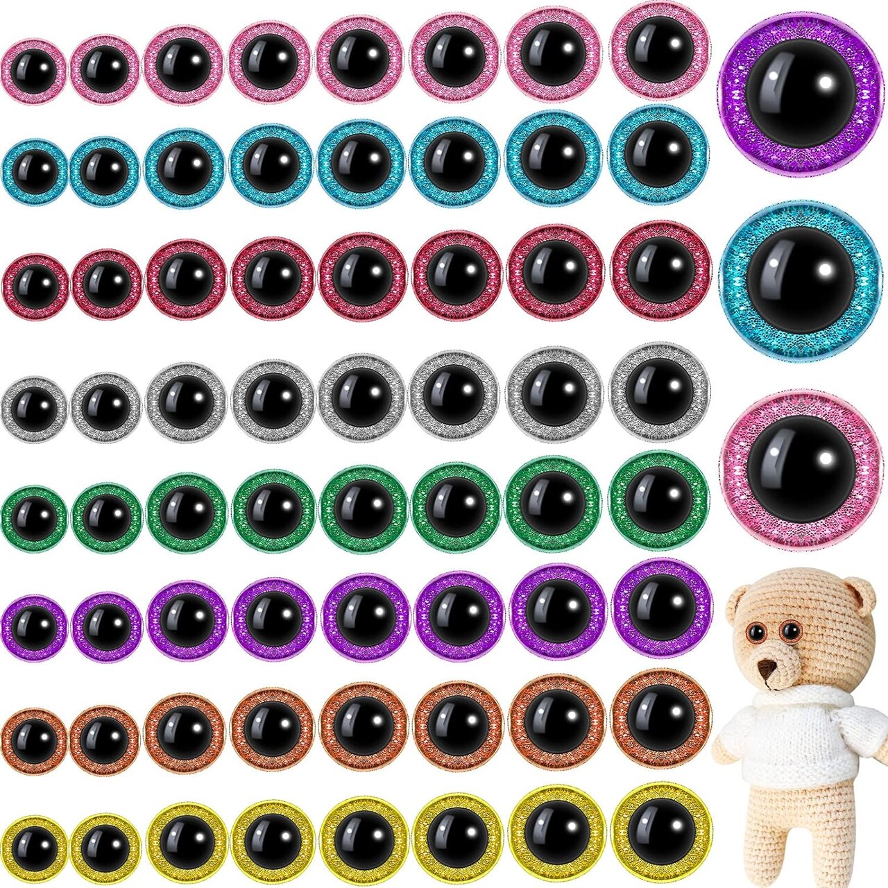 128pcs Glitter Plastic Safety Eyes for Amigurumi, Dolls, Plush Animals, and DIY Crafts
